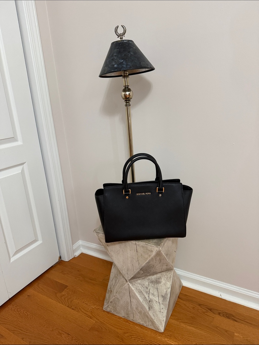 Michael Kors Black Leather Satchel with Gold Hardware